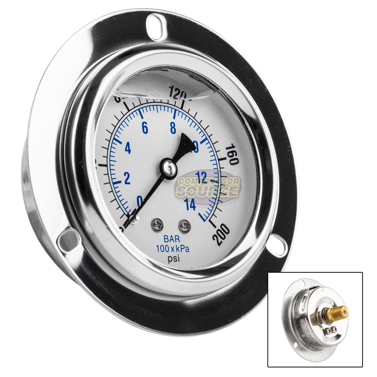 2.5" Liquid Filled Pressure Gauge 0-200 PSI 1/4" NPT CBM Panel Flush Mount