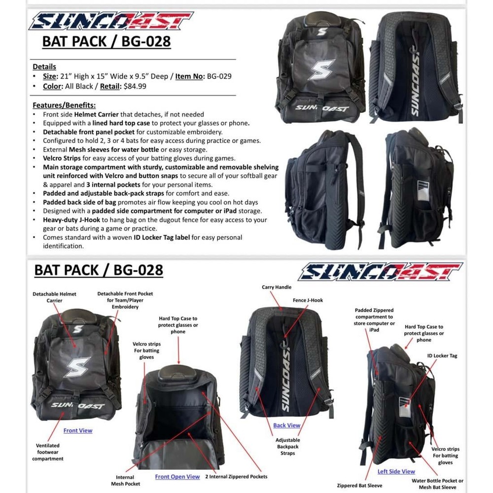Suncoast Player Baseball and Softball Player Batpack: BG-030