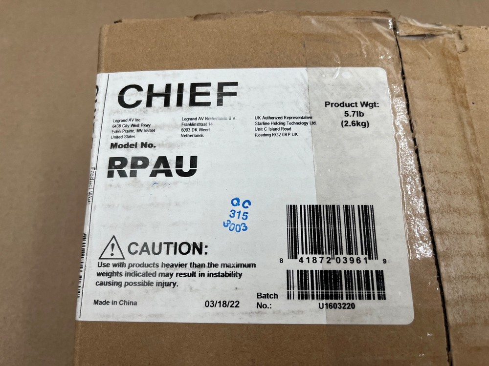 Chief RPAU Ceiling Mount Projectors Universal Fit Adjustable Black