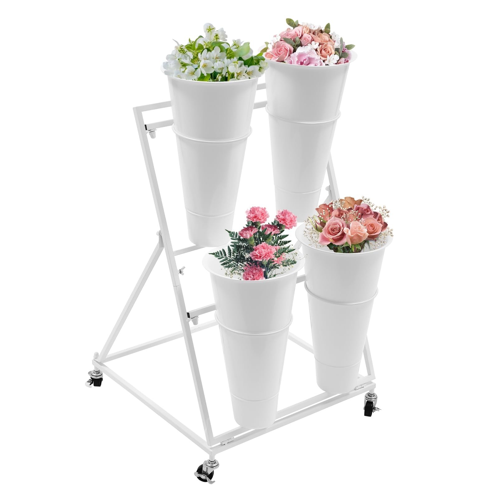 Heavy Duty Iron Flower Stand with Wheels 2 Layers 4 Plastic Buckets White