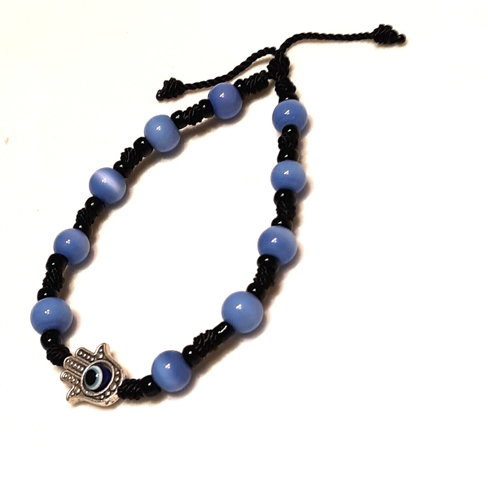 Hamsa Hand bracelet with black string and blue Cat eye beads