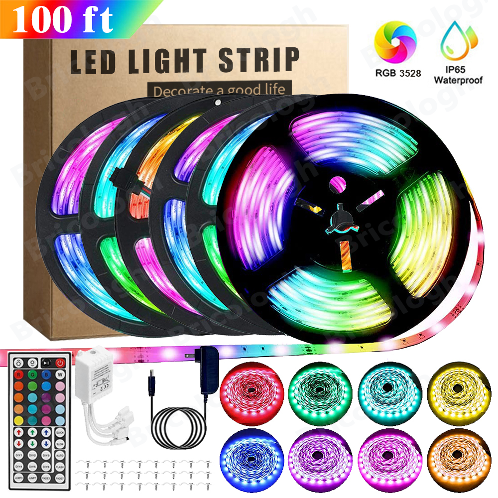100 FT RGB Led Strip Lights Waterproof Flexible with 44 Keys Remote 12V US Power
