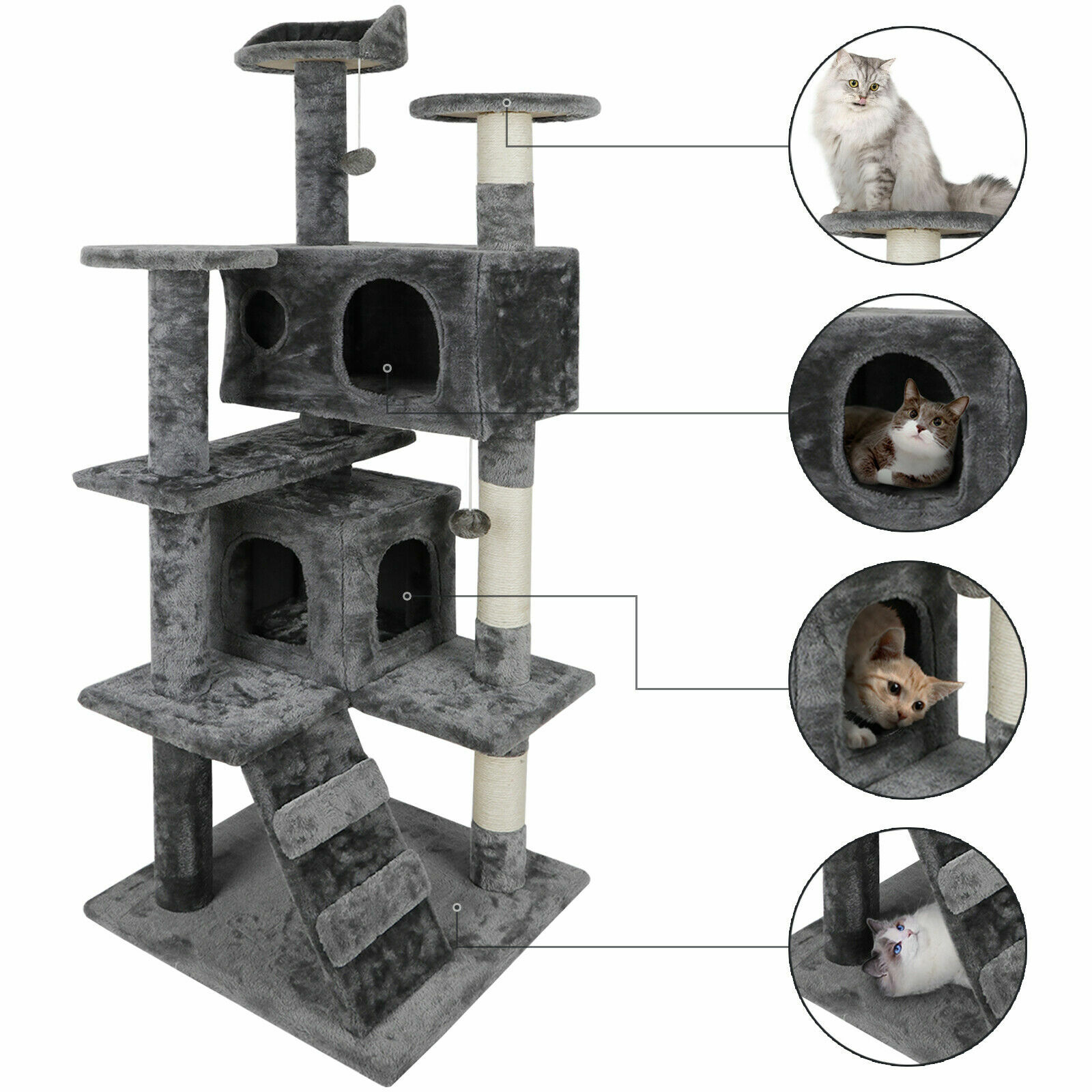 Gray Cat Tree Tower Activity Center Large Playing House Condo Rest Cat 55"