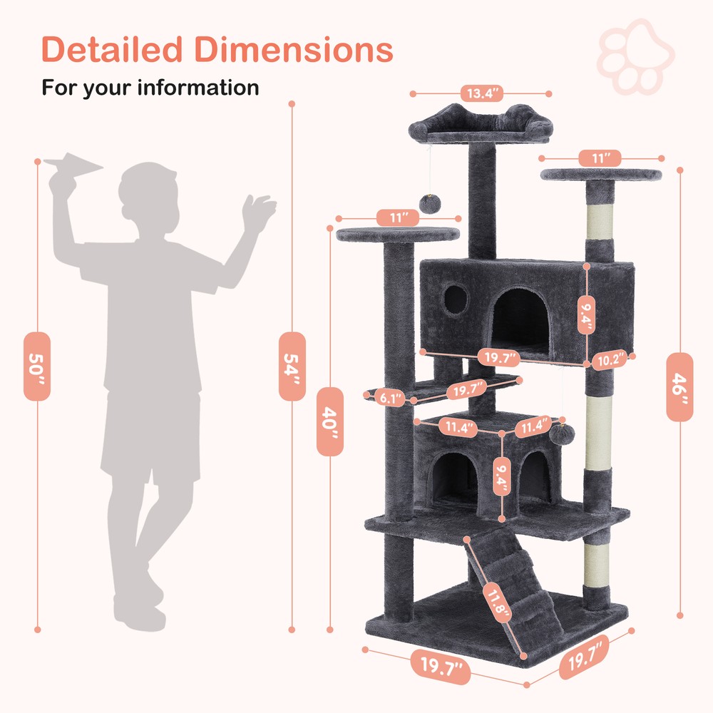 Modern Gray 54" Multi-Level Cat Tree Tower with Scratching Posts and Perches