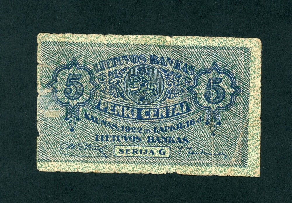 LITHUANIA  5  CENTAI  1922   PICK # 9a  VG
