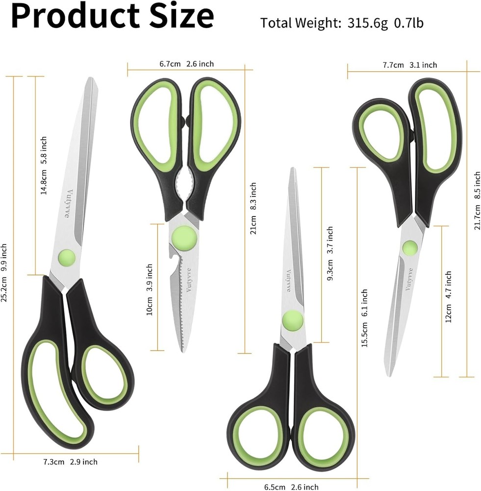 Kitchen Scissors, Stainless Steel Blades, Soft Grip, Multi-Purpose Green