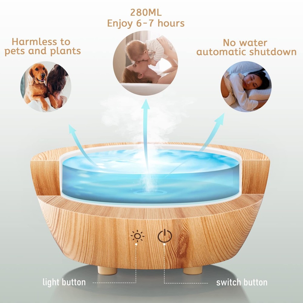 Glass Essential Oil Diffuser Wood Grain Base, 280ml Aromatherapy Diffusers Co...