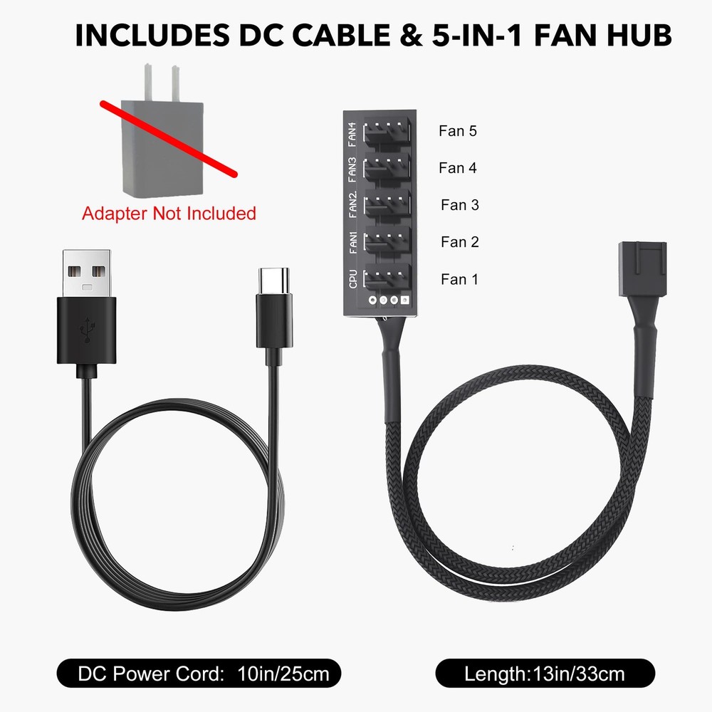 PlusRoc 12V PWM PC Fan Controller Pro with USB Type-C Power Cable & black
