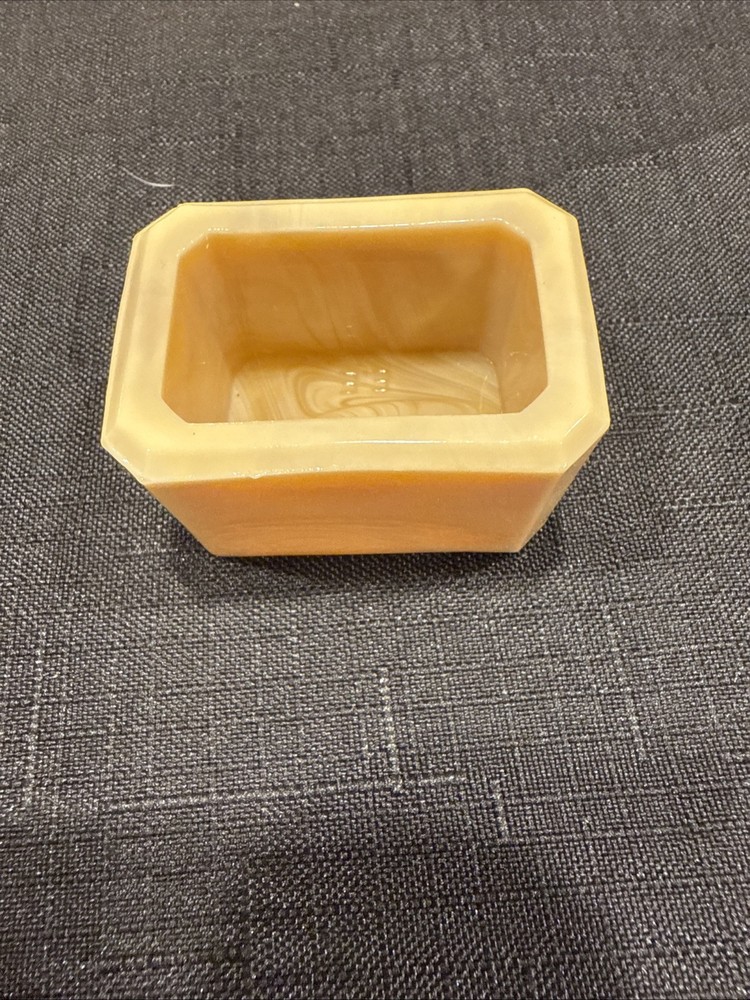 Vintage Rectangular Open Salt Dip Signed E.E. With Beveled Corner Golden Agate