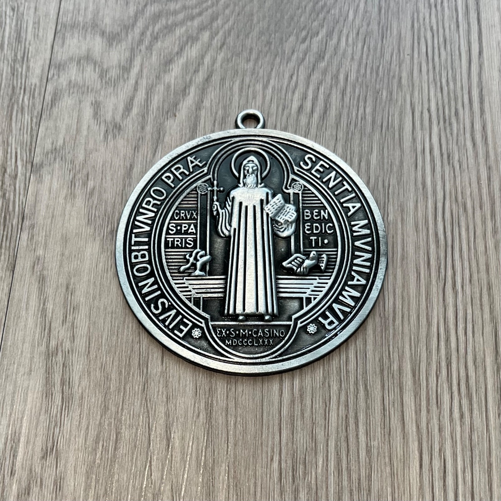 Catholic St Benedict Large Medal Antique Silver Tone Medalla Medallón San Benito