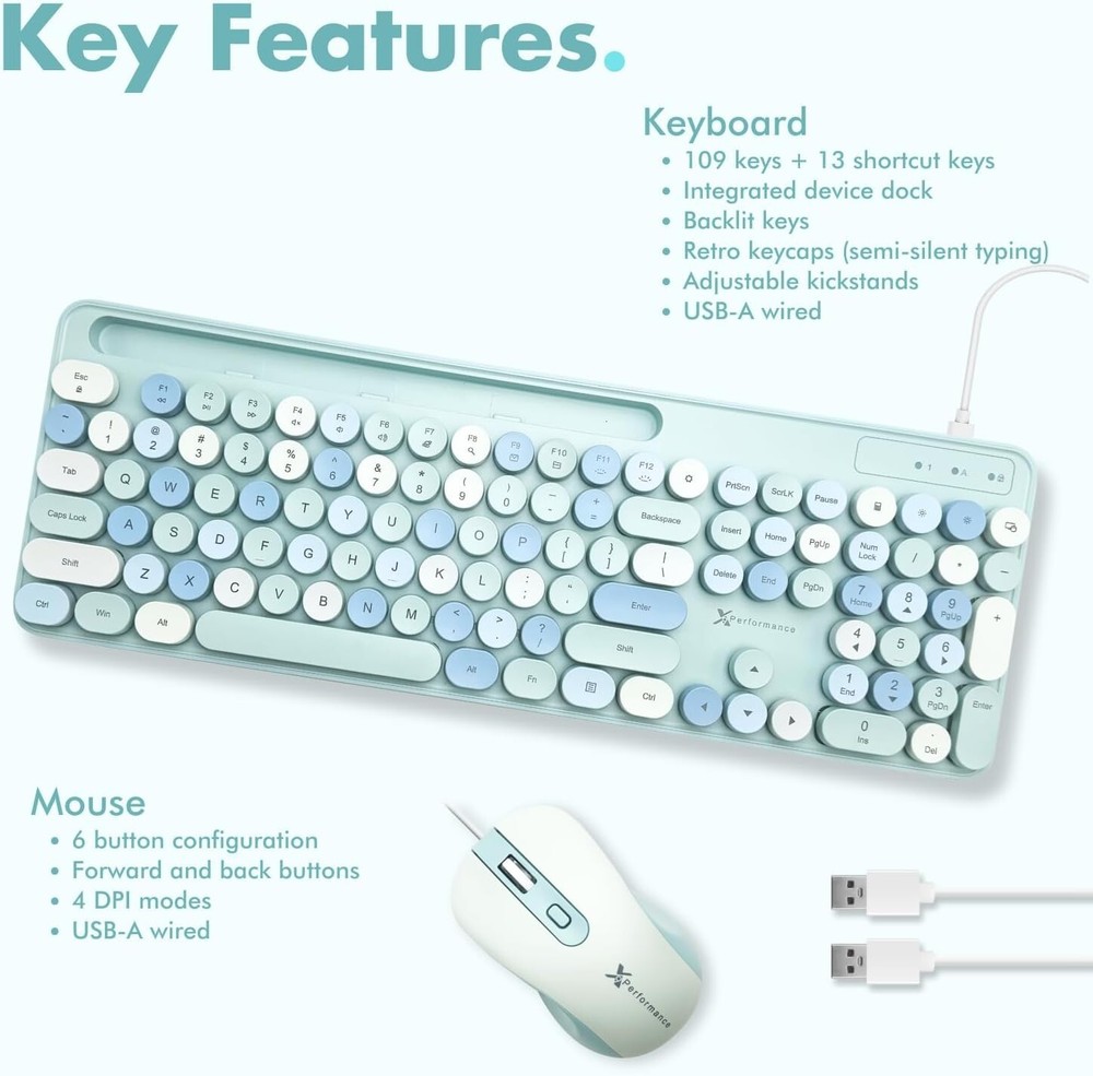X9 Performance Wired Backlit Retro Typewriter Keyboard + Mouse Blue