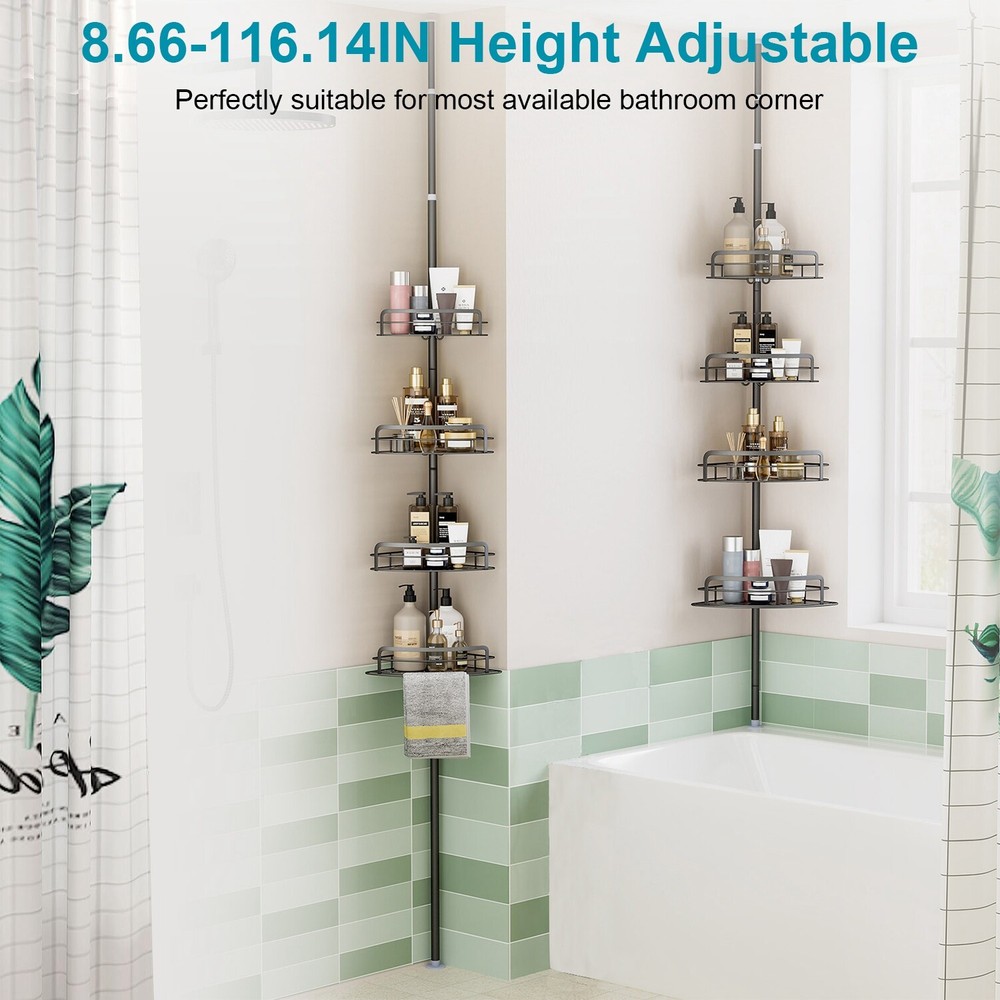 Adjustable Corner Shower Caddy with 4 Shelves & Hooks Tension Pole Organizer