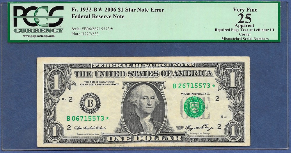 🇺🇸 ERROR 2006  $1 "STAR" ♚♚MISMATCHED SERIAL NUMBER♚♚  PCGS VF 25  SCARCE!