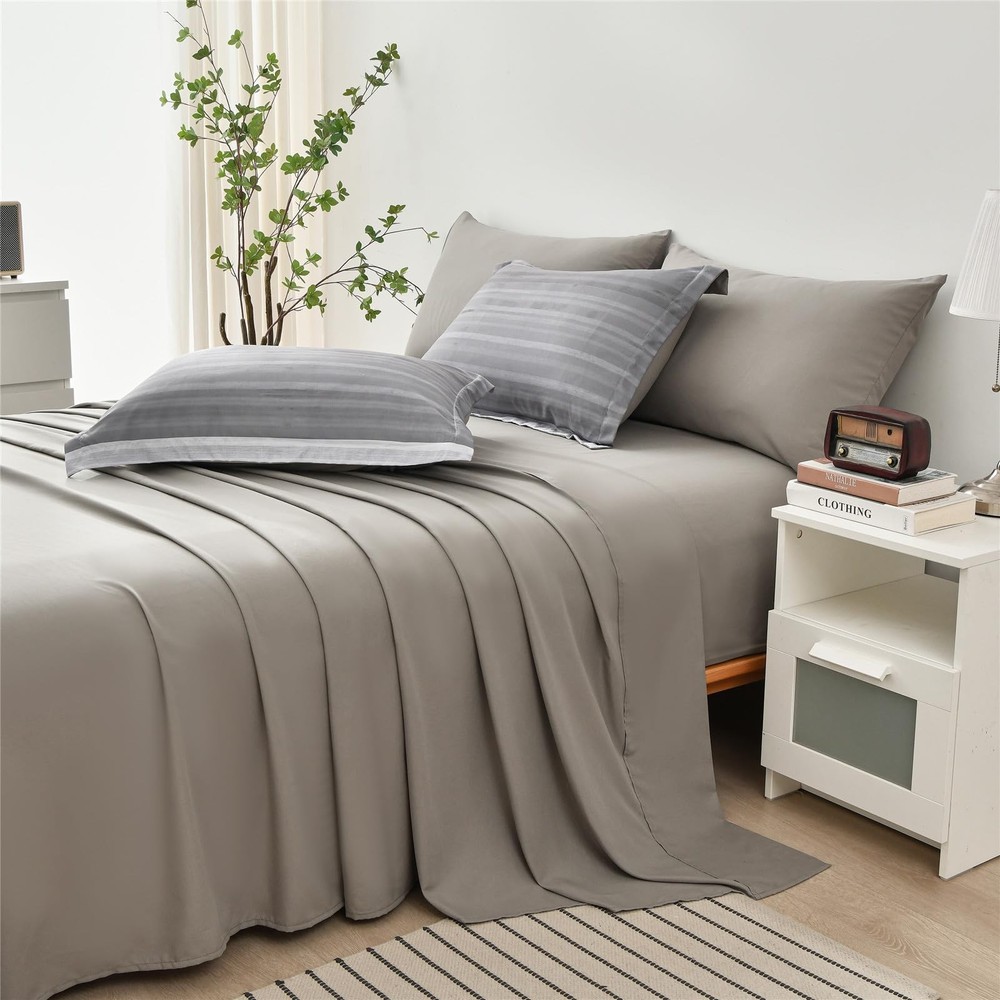 7 Piece Bed in a Bag Stripe Comforter Set Queen Size, White Grey Patchwork St...