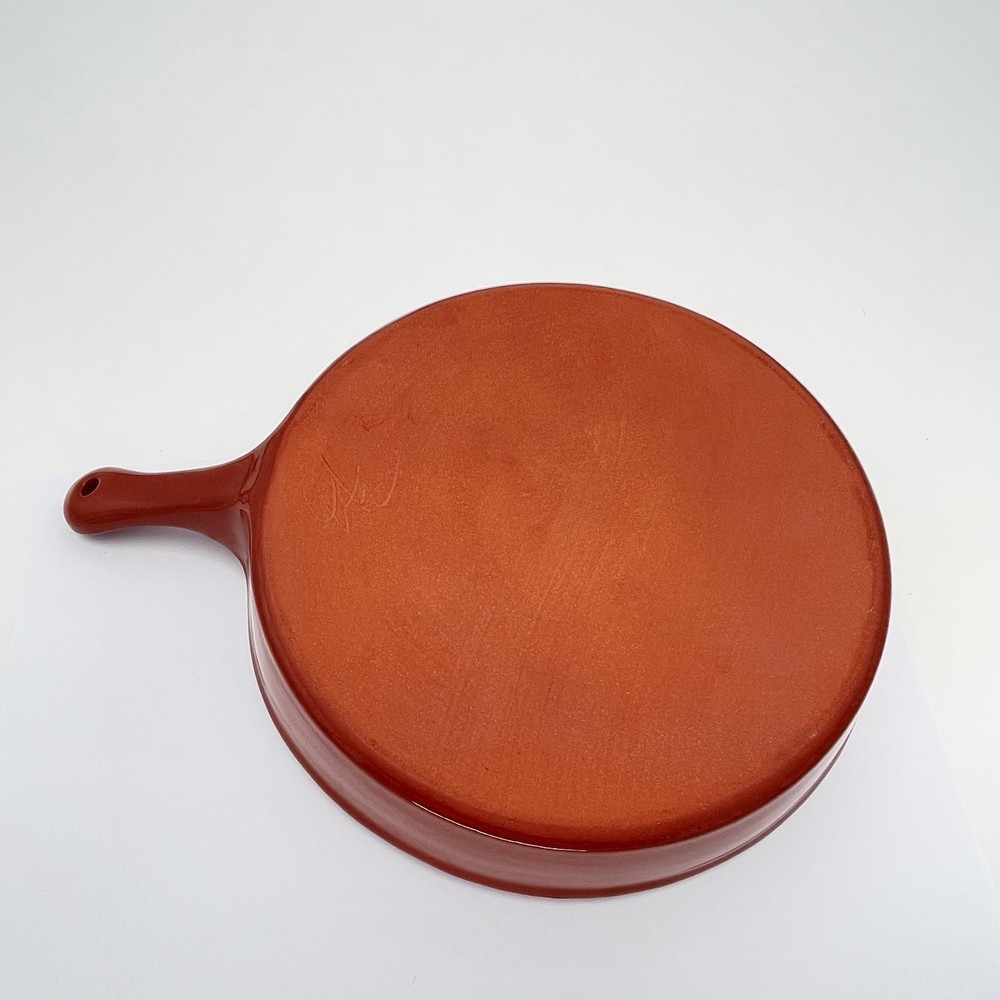 Hand Painted Ceramic Skillet Pan Baking Dish Red Handle Vine Leaf Art Signed