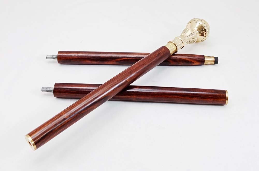 Vintage Style Solid Brass Compass on Head Handle Wooden Walking Stick Cane Gift