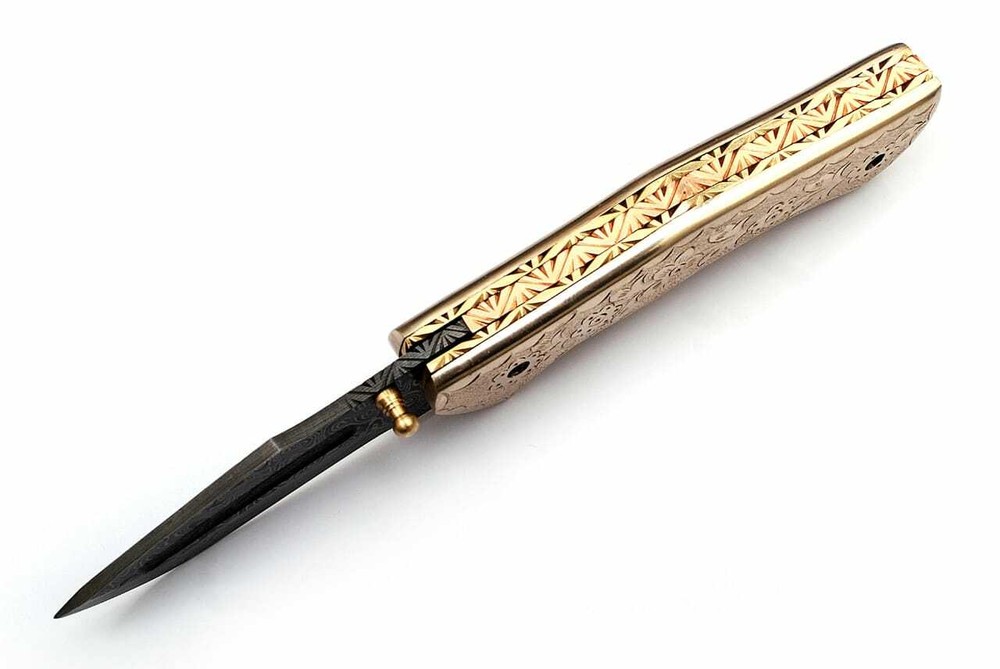 White Copper Executive Series Damascus Folding Knife Brass & Copper File work