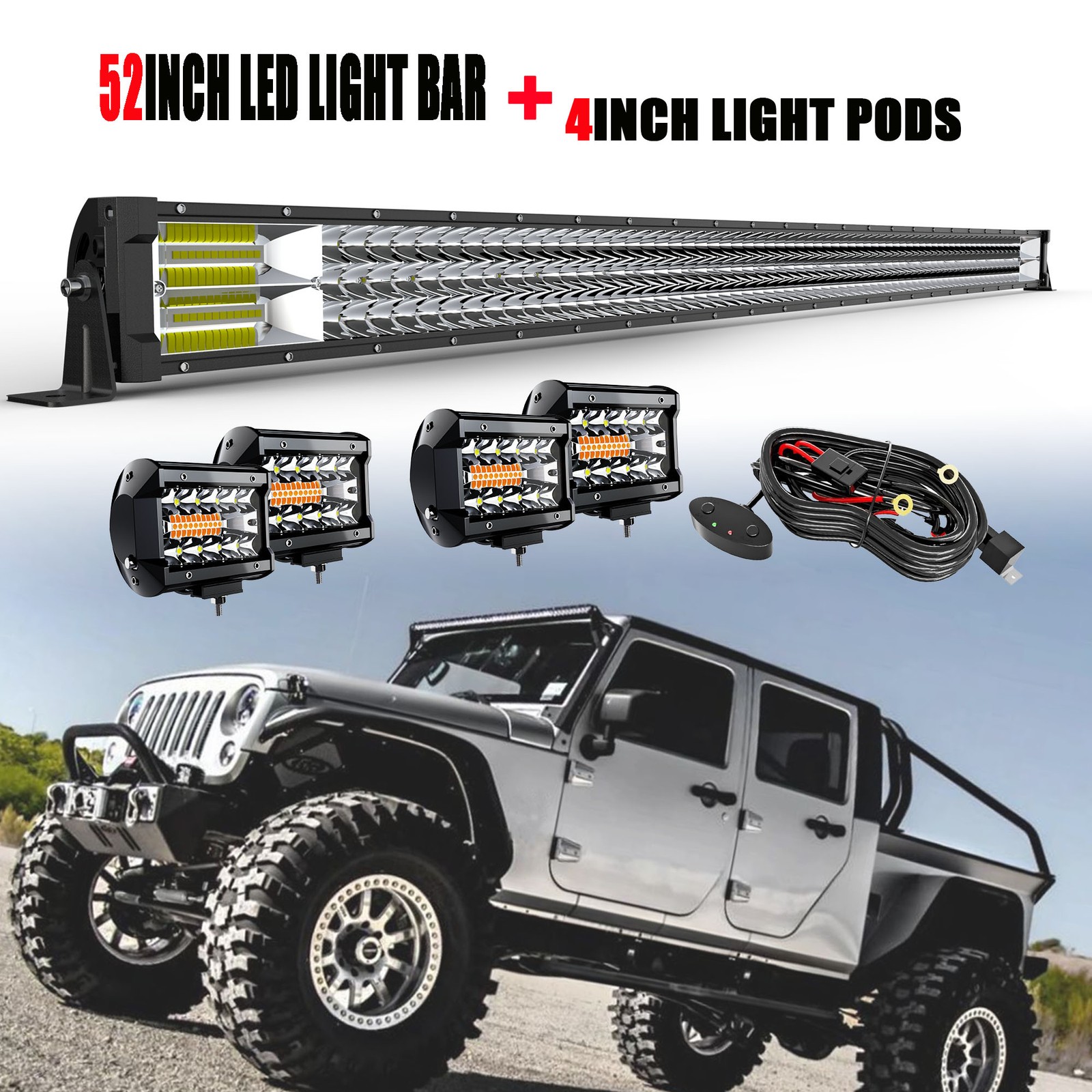 52" LED Light Bar Tri Row Combo Kit Offroad Driving 4WD +4x 4" Cube Pods +Wiring