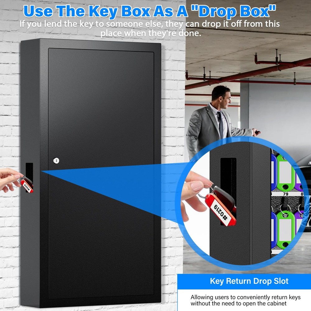 250 Keys Key Lock Box Wall Mount with Additional 24 Side Hooks and Key Tags, ...