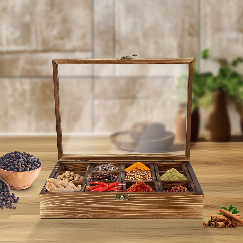 12-Compartment Wooden Spice Box with Spoon - Elegant Kitchen Storage Solution