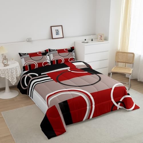 Modern Red Grey Black Stripes Comforter Set Geometric Down King Multi 270