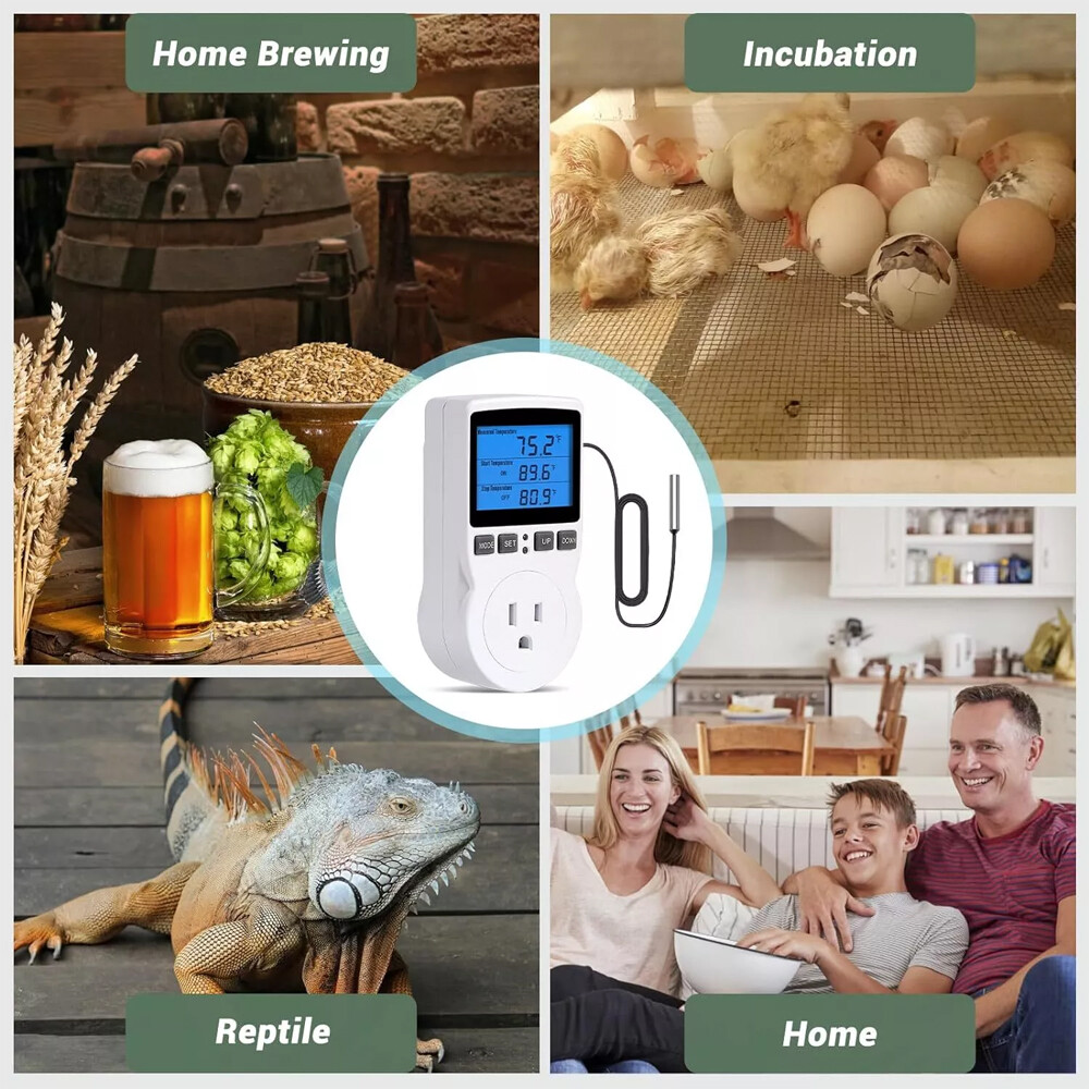 Digital Thermostat Outlet Plug Temperature Controller Heating Cooling w/ ProberW