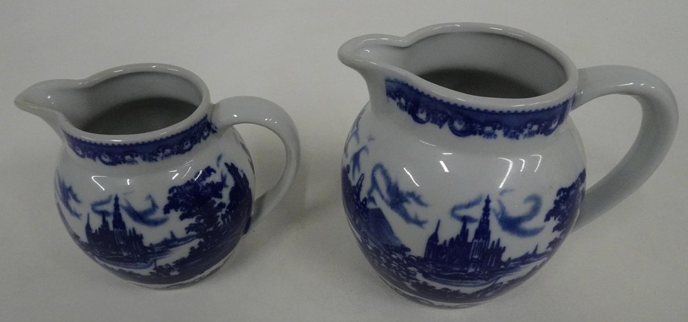 Pair Matching Ceramic Pitcher Creamers w Blue Castle Pattern