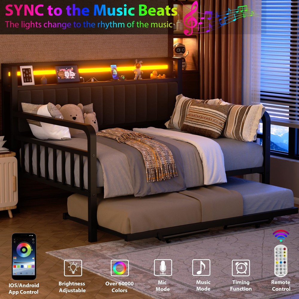 Full Bed Frame with Upholstered Storage Headboard & Charging Station Black Led