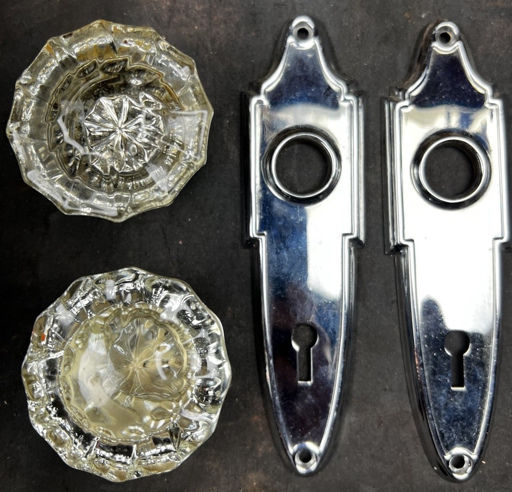 Art Deco Nickel Plated Brass Passage Set Knobs, Plates, Mortise Glass Knobs