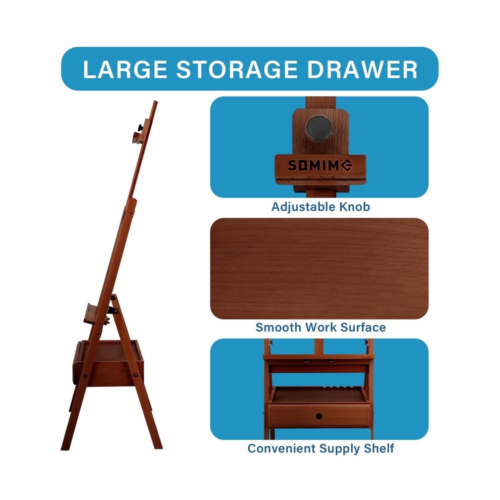 Large Wooden H-Frame Studio Easel, Solid Beechwood Easel Stand with Storage D...