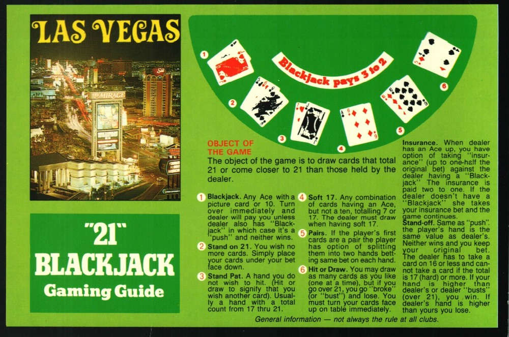 Las Vegas Postcard -- "21" Blackjack Gaming Guide  -- (dated 1990)
