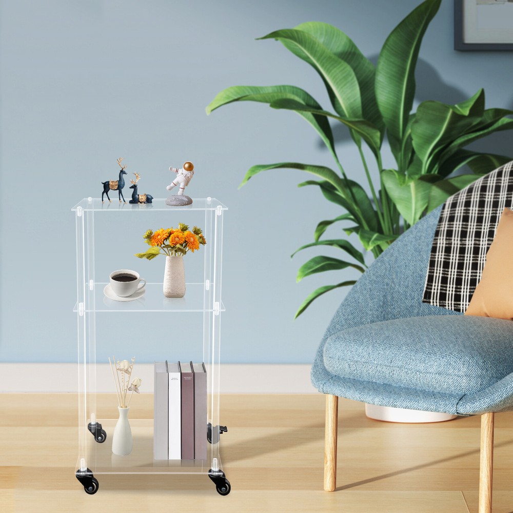 3-Tier Mobile Clear Acrylic Printer Stand Storage Shelf Printer Table on Wheel