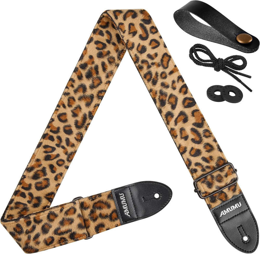 Leopard Flocked Velvet Guitar Strap with Microfiber Leather Ends