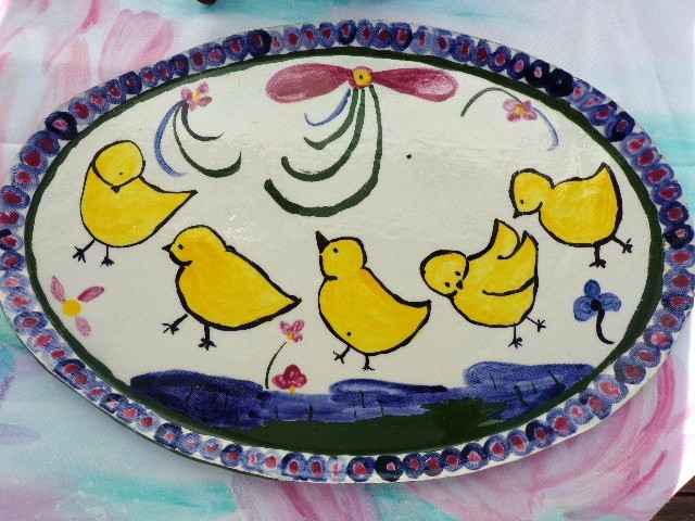 Studio Art Pottery Easter Yellow Chicks Appetizer Oval Plate Signed KINGA 15"