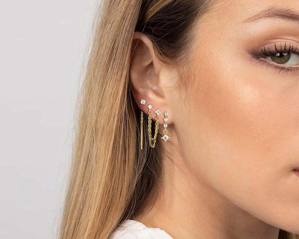 14K Gold Plated Dangle Earrings Set CZ Hoop Stud Stack