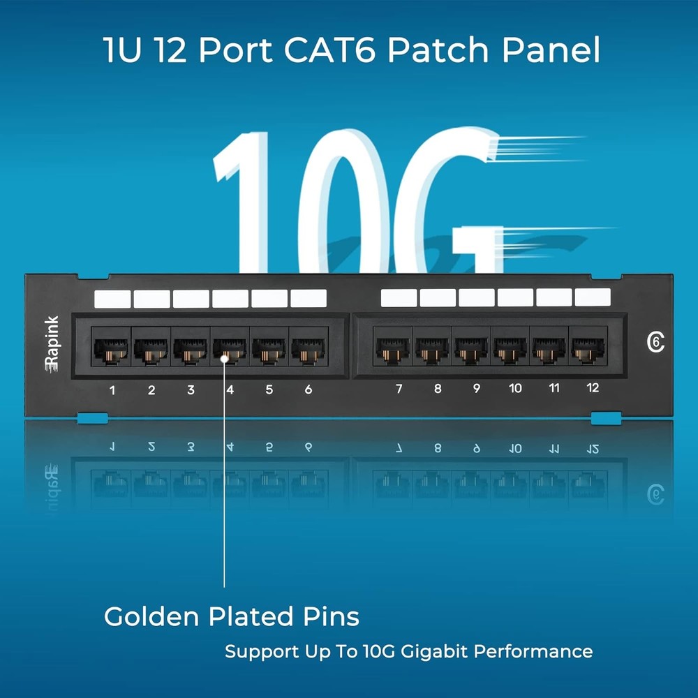 Cat6 Patch Panel 12 Port 10G Network Wallmount 1U Ethernet Punch Down Block