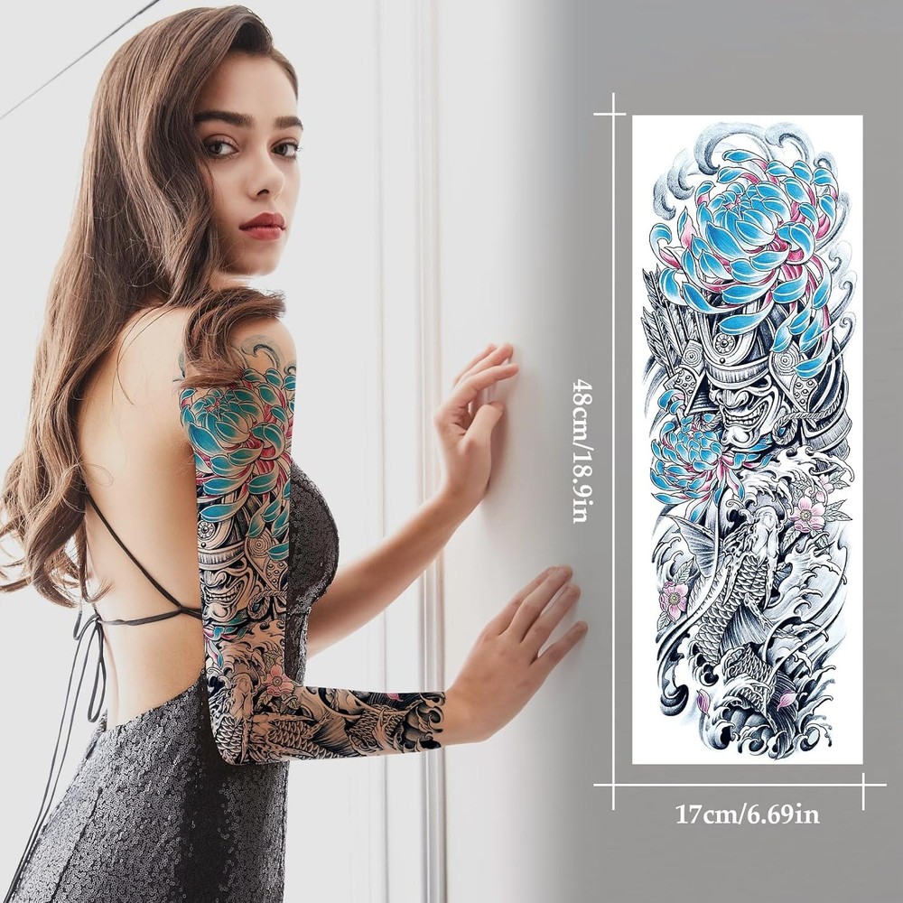 12 Sheets Large Full Arm Temporary Tattoos for Adults, Large, Multicolor