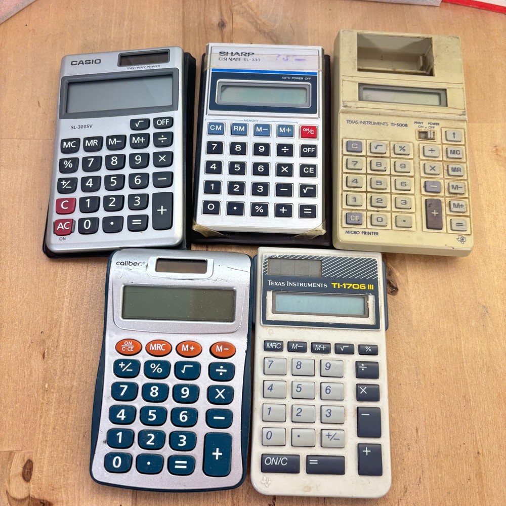 Lot 5 Vtg Calculators, Texas Instruments, Casio, Sharp, Caliber