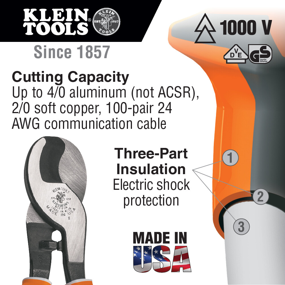 Klein Tools 63050-EINS 1 Electrician's Insulated High-Leverage Cable Cutter