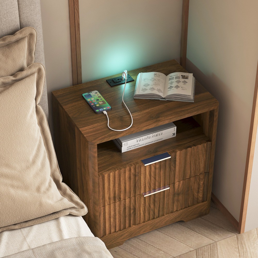 Smart Nightstand w/ USB Charging, Voice Control LED Light & Storage