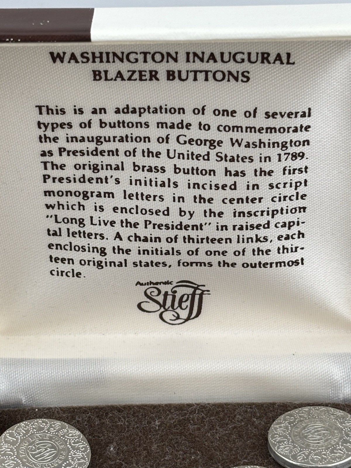 VTG Stieff Smithsonian Series Washington Inaugural Pewter Blazer Buttons in Box
