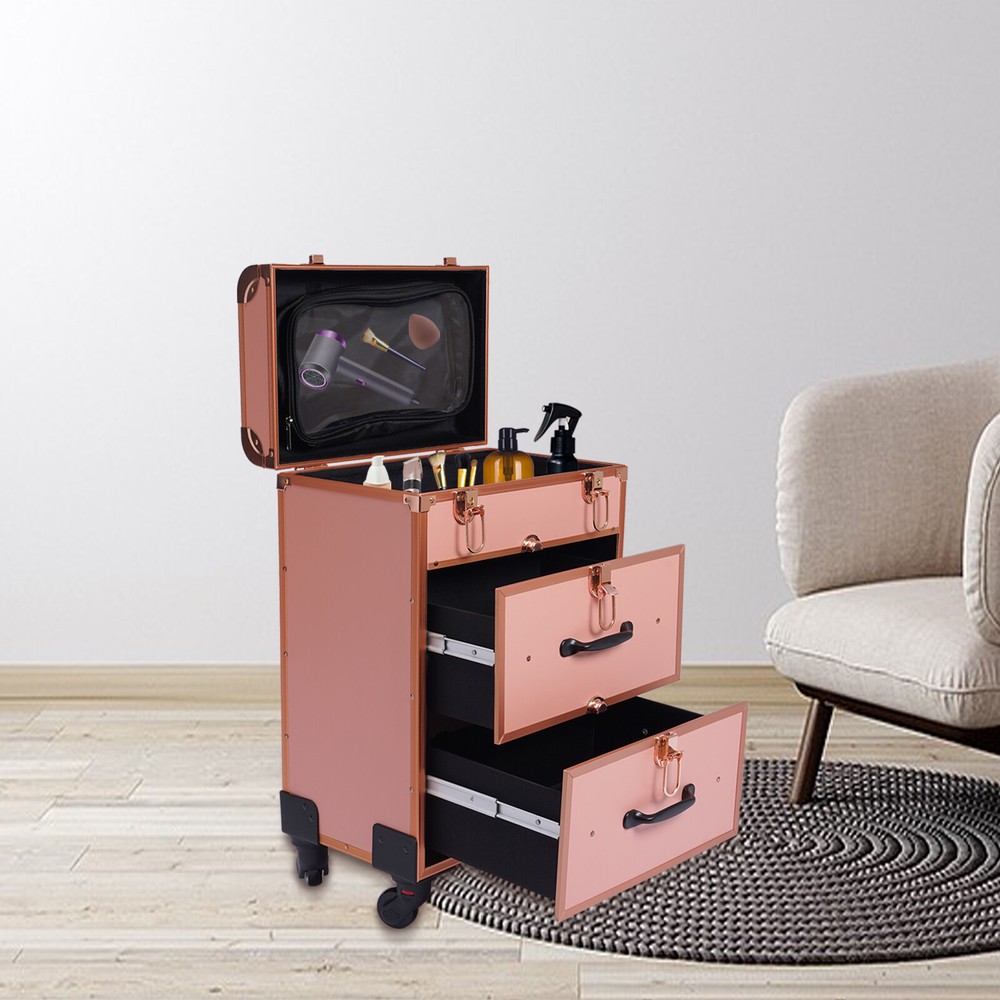 Large Rolling Makeup Case Trolley Makeup Organizer Cosmetic Storage Case Wheels