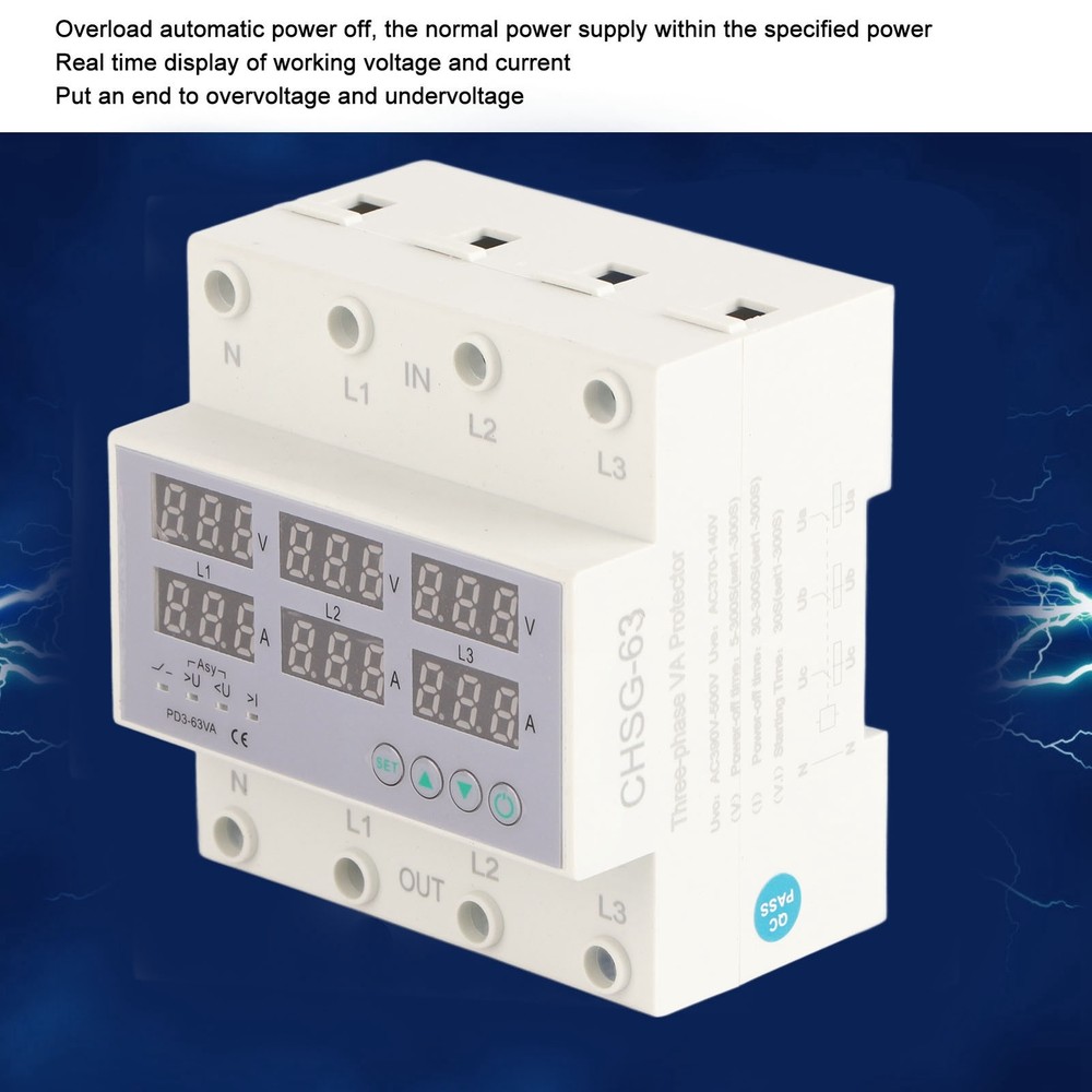 63A 3Phase DIN Rail Voltmeter Ammeter Auto-Overvoltage Overcurrent Protector AC