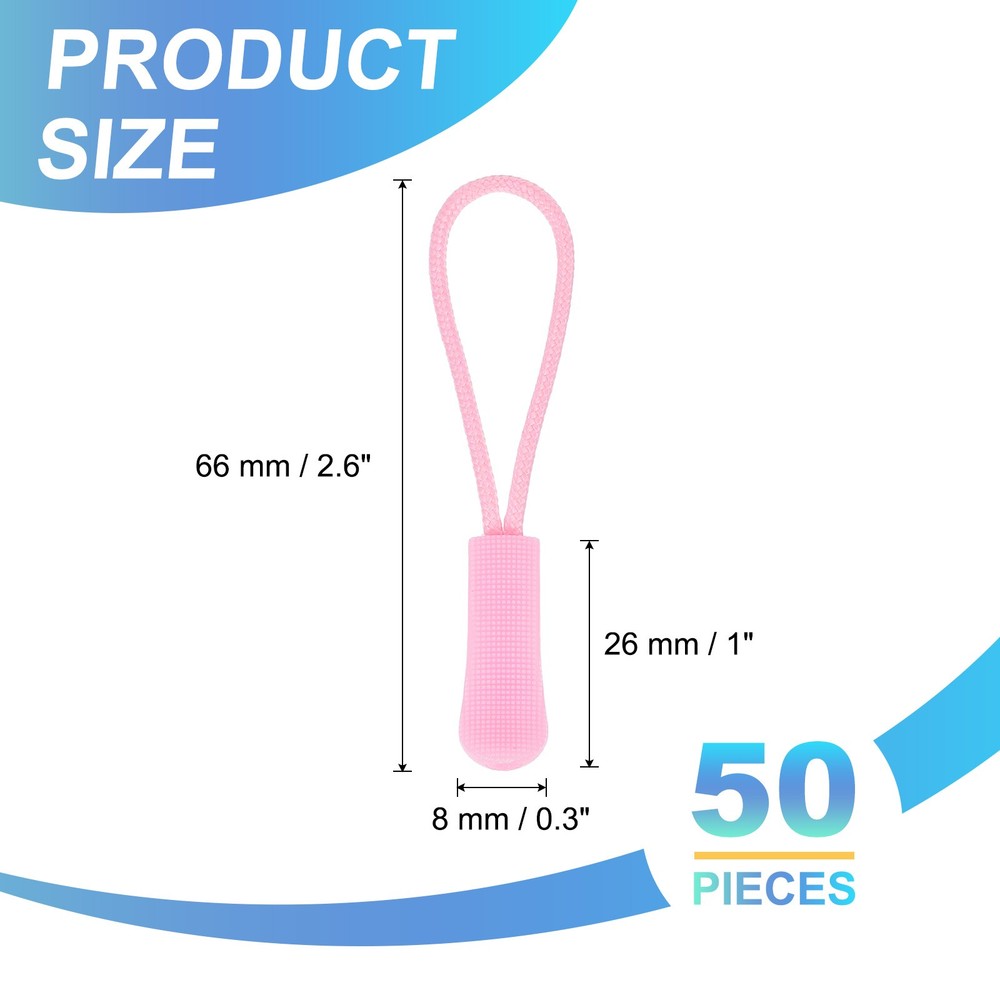 2.6" Zipper Pulls Replacement, 50 Pcs Nylon Cord Extension, Light Pink