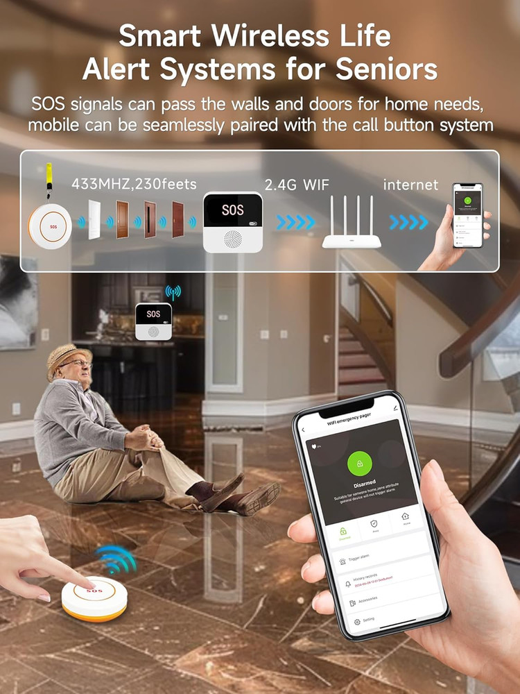 3 Pack Wireless Caregiver Call Button for Elderly at Home, WIFI Panic Button, He