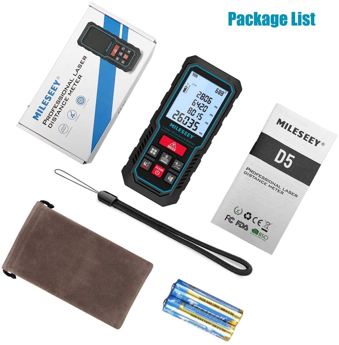 Mileseey Digital Laser Distance Meter Measurer Area Volume Pythagoras Tape LCD