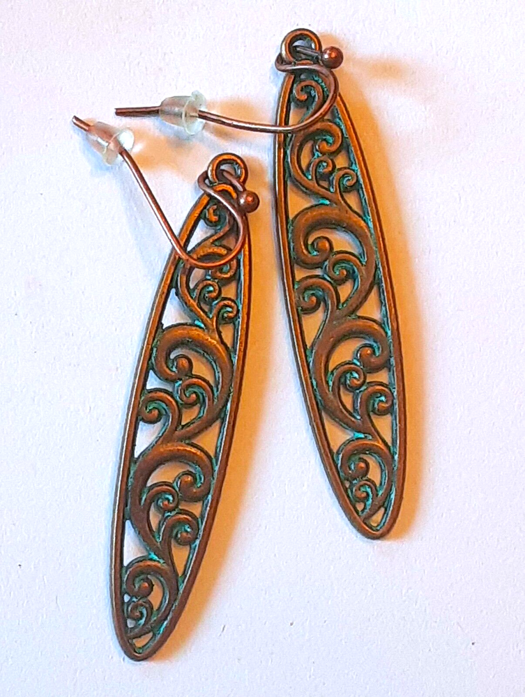 SCROLL SHAPE Age Copper long OVAL DROP earring copper FISH HOOK