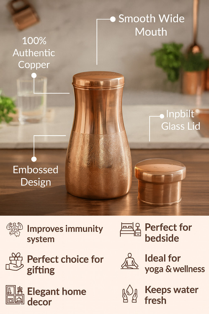 Pure Copper Water Carafe Set-Bedside Bottle