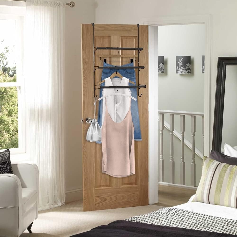 Versatile Black Adjustable Towel Rack with Hooks for Small Spaces - Easy Install