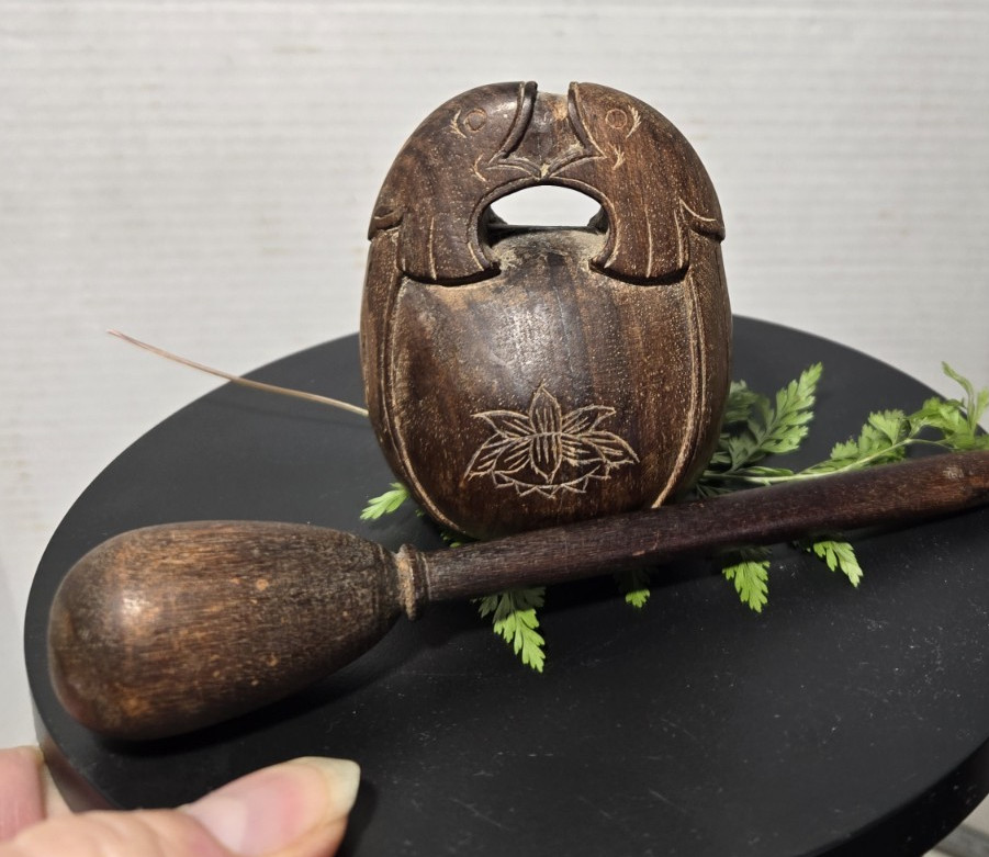 Vintage Carved Mokugyo Muyu Drum with Original Striker wood - VIDEO